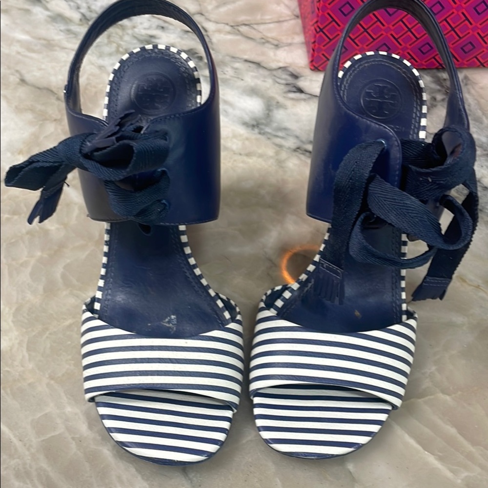 Tory Burch Maritime nautical Blue and white stripe wedge  size 8